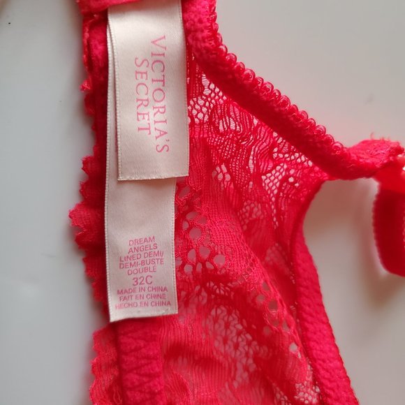 Victoria's Secret Dream Angels Coral Red Pink Lined Demi Lace Rhinestone Bra 32C - Picture 4 of 4